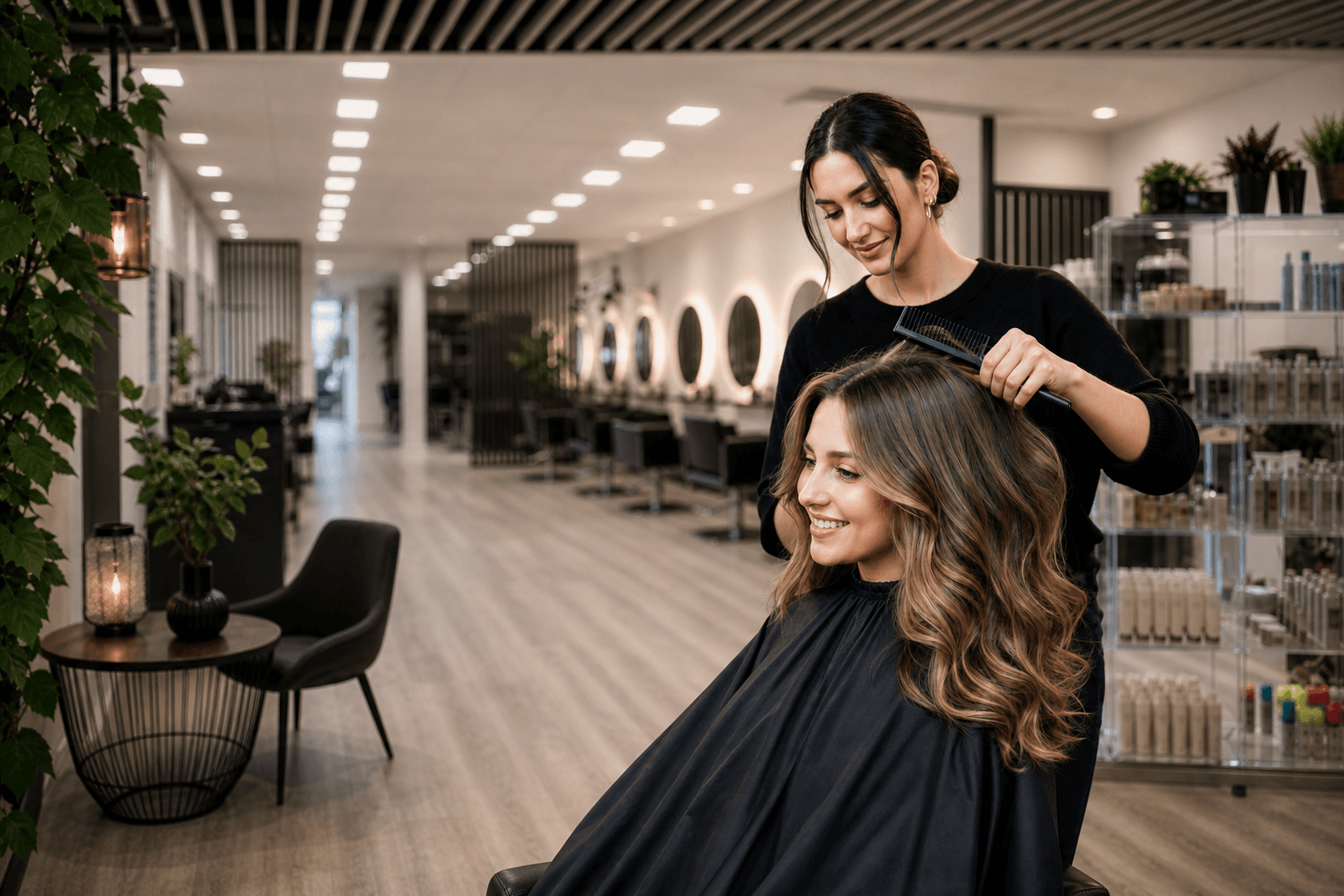 Frisør som styler kunde med langt balayage-hår i Color Bar-salongen